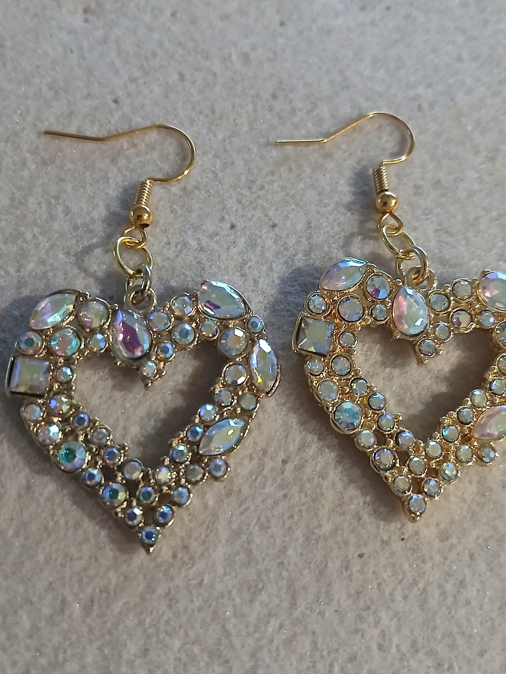 201- Gold-Tone Heart Dangle Earrings with Iridescent Stones - Women Jewelry